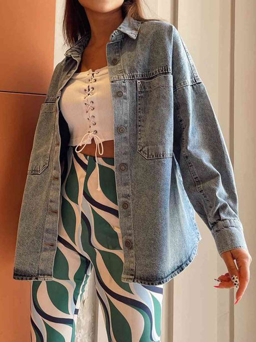 Color-Button Down Collared Neck Denim Jacket-Fancey Boutique