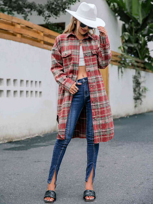 Color-Plaid Collared Neck Button Down Longline Jacket-Fancey Boutique