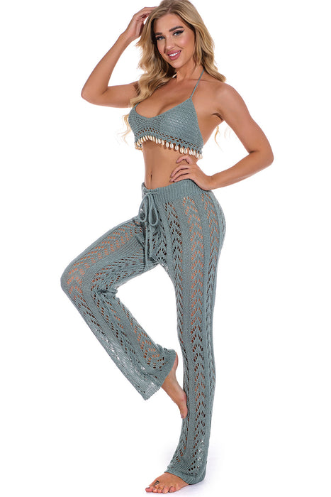 Color-Arrival Hollow Out Hollow Out Cutout out Hand Crochet Loose Wide Trousers Vacation Beach Pants Trousers-Fancey Boutique