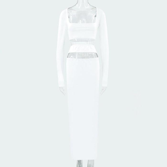 Color-White-Autumn Square Collar Cropped Long Sleeve T Shirt Hollow Out Cutout Split Skirt Set-Fancey Boutique