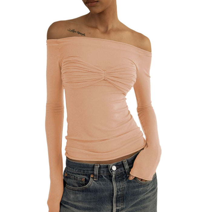 Color-Cream Powder-Spring Summer Best Women Clothes Lightweight See through off Neck T shirt Top-Fancey Boutique
