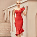 Color-Red New Dress One-Sleeve Ruffled Hem Sleeves Bandage Dress Elegant Annual Party Evening Dress-Fancey Boutique