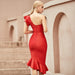 Color-Red New Dress One-Sleeve Ruffled Hem Sleeves Bandage Dress Elegant Annual Party Evening Dress-Fancey Boutique