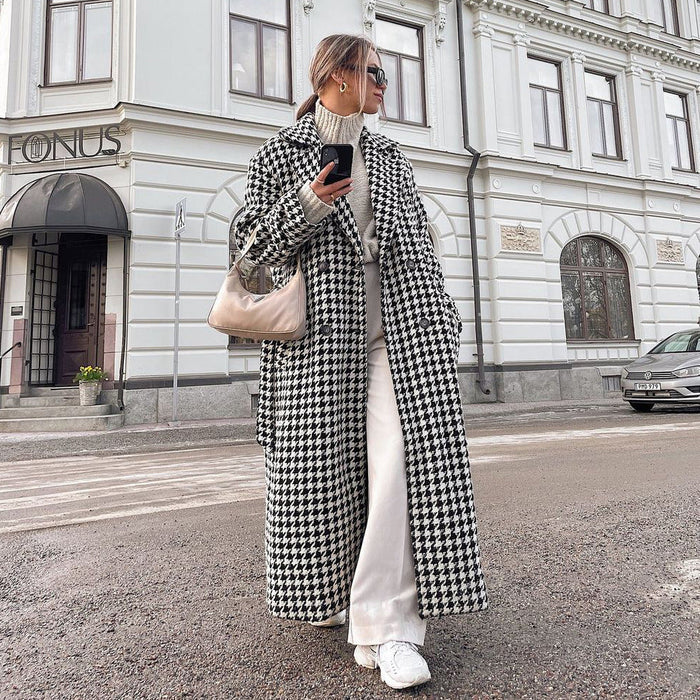 Color-Black-Women Clothing Autumn Winter Houndstooth Long Trench Coat High End Fashionable Coat Black White Young Coat for Women-Fancey Boutique