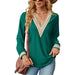 Color-Peacock green-Autumn Winter Lace V-neck Patchwork Loose Long-Sleeved T-shirt Top Women Clothing-Fancey Boutique