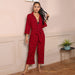 Color-Spring Summer Pajamas Three Quarter Length Sleeves Cardigan V neck Simplicity Red Plaid Jumpsuit Home Wear-Fancey Boutique