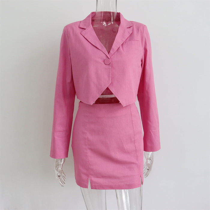 Color-Pink-Pure Cotton Small Suit Outfit Early Autumn Sexy Short Suit Waist Split Hip Skirt Two Piece Set-Fancey Boutique