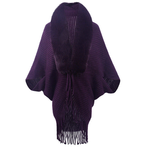 Color-Purple-Autumn Winter Fur Collar Tassel Shawl Women Knitted Cape Coat-Fancey Boutique