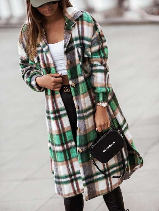 Color-Autumn Winter Polo Collar Single-Breasted Long Sleeve Plaid Shacket Coat-Fancey Boutique