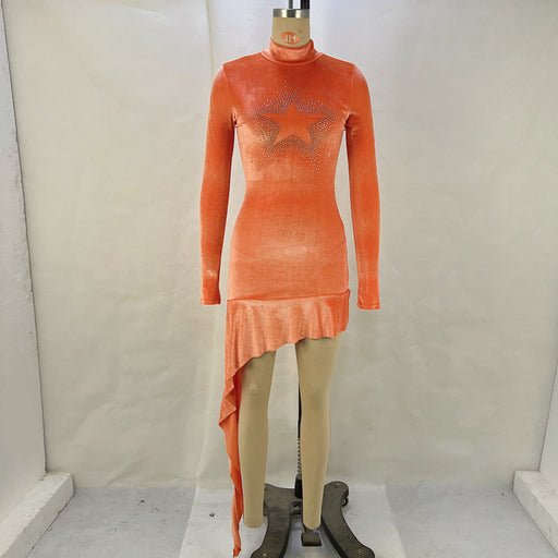 Color-nacarat-Women Autumn Winter Rhinestone Long Sleeve Short Dress Ruffled Ribbon Dress-Fancey Boutique