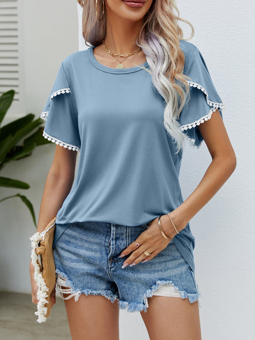 Color-The blue-gray-Women Clothing Summer Round Neck Tassel Tulip Sleeve T Shirt Casual Top Women-Fancey Boutique