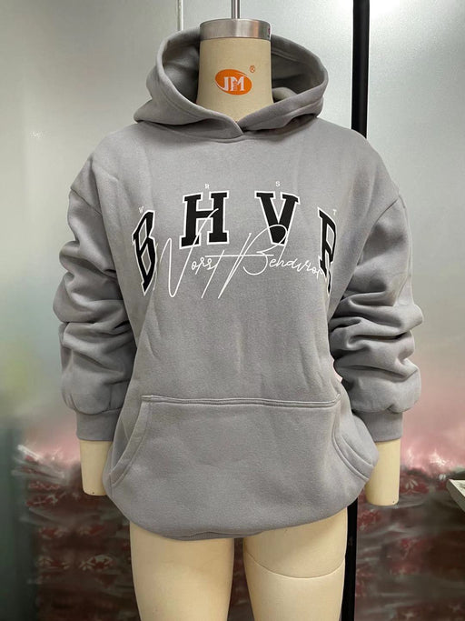 Color-Gray-Women Clothing Hoodie Game Letter Graphic Printing plus Velvet Warm Long Sleeve Autumn Winter-Fancey Boutique