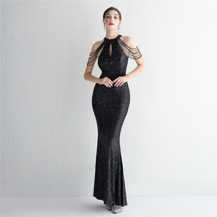 Color-Sequined Craft Beading Cocktail Evening Dress Elegant Long Halter Slim Fit Fishtail-Fancey Boutique