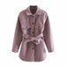 Color-Purple-Fall Lapels Single-Breasted Belt Waist Slim Mid-Length Woolen Coat Top Women-Fancey Boutique