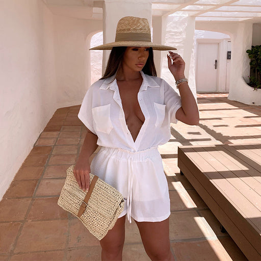 Color-Latin Casual Suit Solid Color Classic Single Breasted Sleeve Shirt Elastic Waist Shorts Two Piece Set-Fancey Boutique