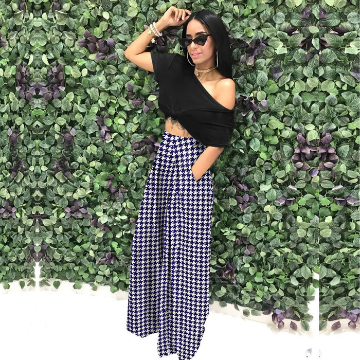 Color-Dark Blue Houndstooth-Personality Houndstooth Printed Flared Pants Wide Leg Casual Pants Autumn Winter Wide Leg Pants Plus Size-Fancey Boutique