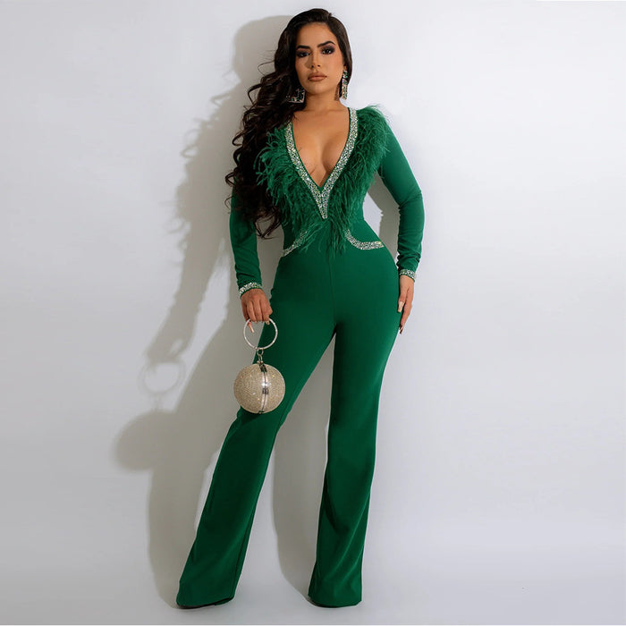 Color-Sexy Deep V Plunge Feather Collar Wide Leg Jumpsuit Women Autumn Winter Rhinestone-Fancey Boutique