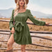 Color-Fall Winter Women Clothing Solid Color U Neck Waist Controlled Long Sleeves Dress Women-Fancey Boutique