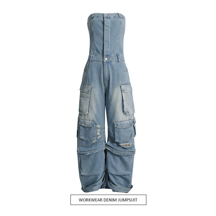 Color-light blue-Summer Multi Pocket Ripped Waist Slimming Sexy Tube Top Tooling Denim Jumpsuit Women-Fancey Boutique