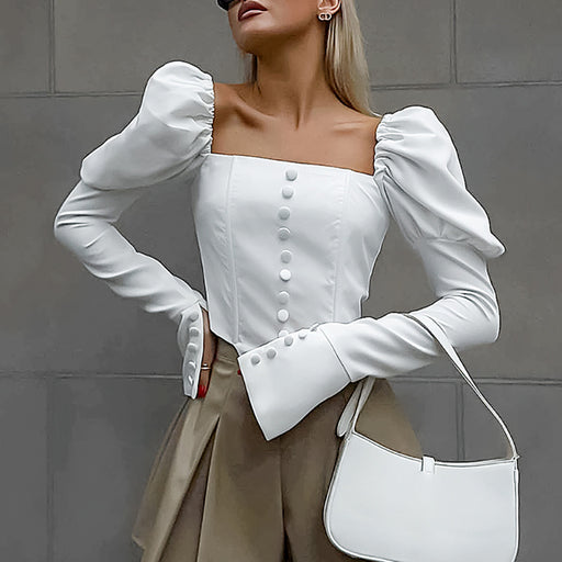 Color-Fall French Imitation Acetate Satin White Square Cut Collar Top Short Temperamental Puff Sleeve Shirt Women Clothing-Fancey Boutique