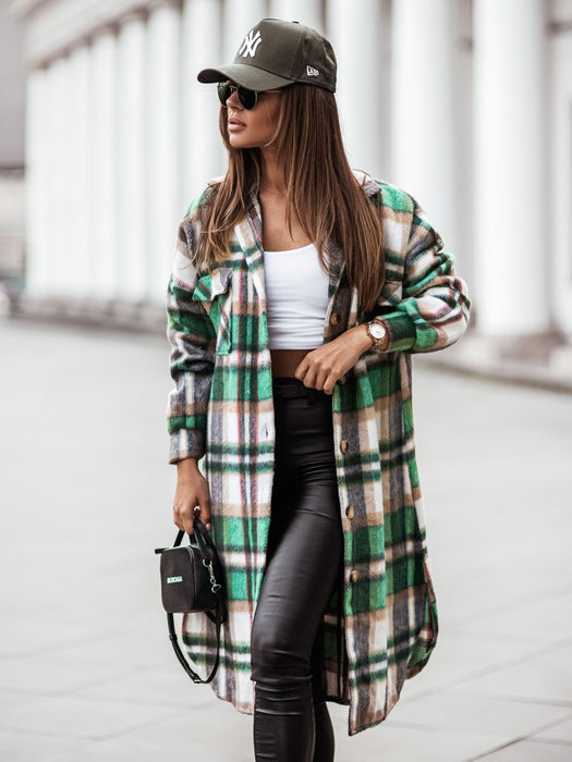 Color-Autumn Winter Polo Collar Single-Breasted Long Sleeve Plaid Shacket Coat-Fancey Boutique