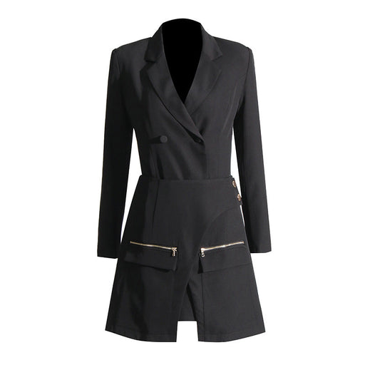 Color-Black-Autumn Fashionable Blazer Irregular Asymmetric Design High Waist Skirt Two Piece Suit-Fancey Boutique