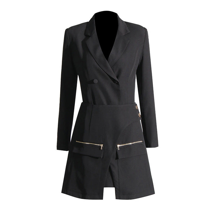 Color-Black-Autumn Fashionable Blazer Irregular Asymmetric Design High Waist Skirt Two Piece Suit-Fancey Boutique