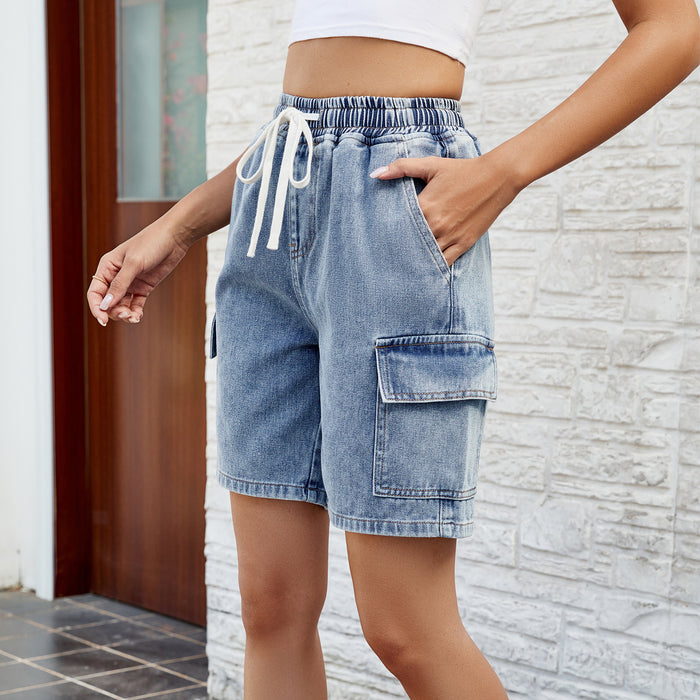 Color-Women Clothing Spring Summer Washed Tied Elastic Waist Five Point Denim Shorts-Fancey Boutique