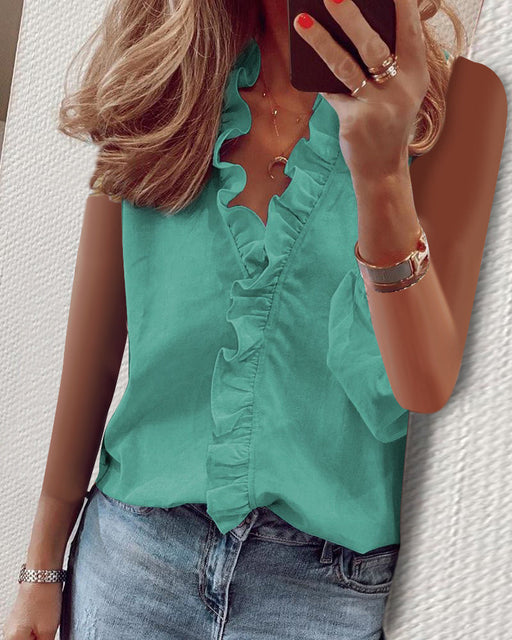 Color-Vest-Green-Spring Summer Long Sleeve Ruffle Blouse Women Shirt-Fancey Boutique