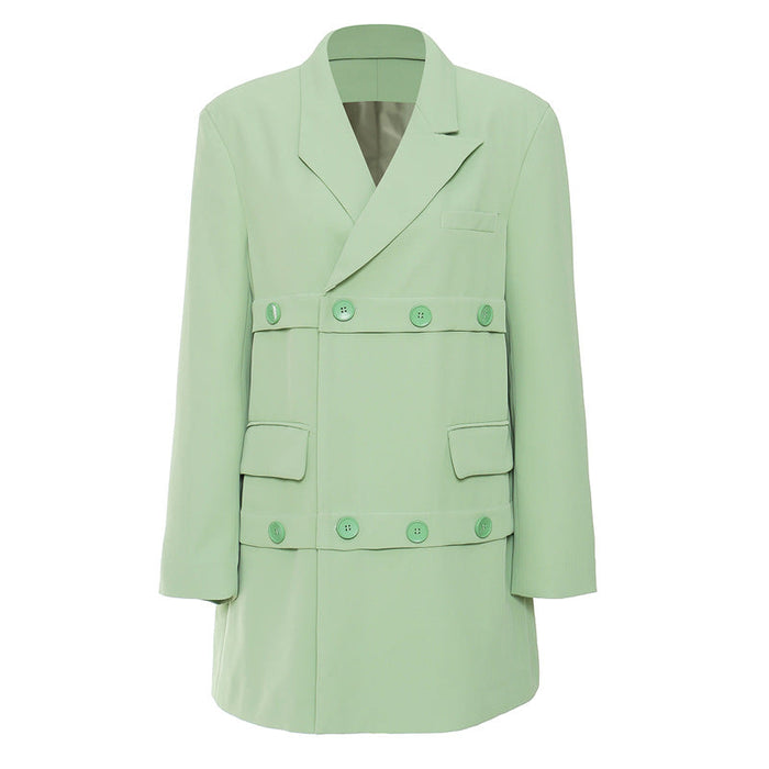 Color-Grass Green Cut off Layered Mid Length Loose Blazer Women-Fancey Boutique