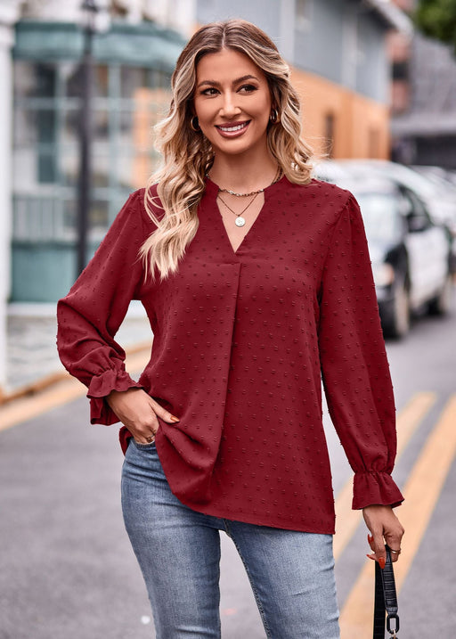 Color-Jujube Red-Fall Women Clothing Jacquard T shirt V neck Loose Long Sleeve Umbrella Sleeve Top-Fancey Boutique