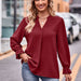 Color-Jujube Red-Fall Women Clothing Jacquard T shirt V neck Loose Long Sleeve Umbrella Sleeve Top-Fancey Boutique