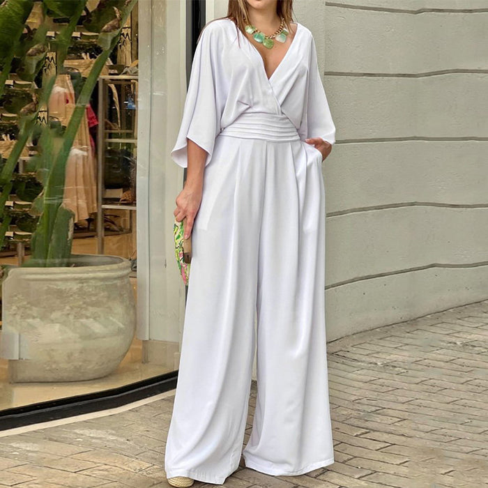 Color-Summer Elegant Clothing Women Solid Color Short Sleeve Casual V Neck Jumpsuit-Fancey Boutique