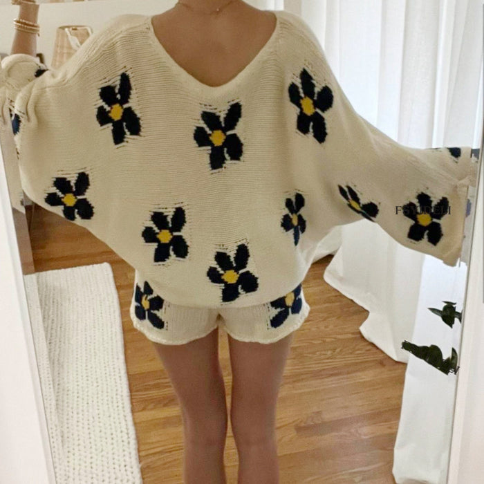 Color-Women Clothing Floral Print Long Sleeved Woolen Shorts Home Wear Two Piece-Fancey Boutique