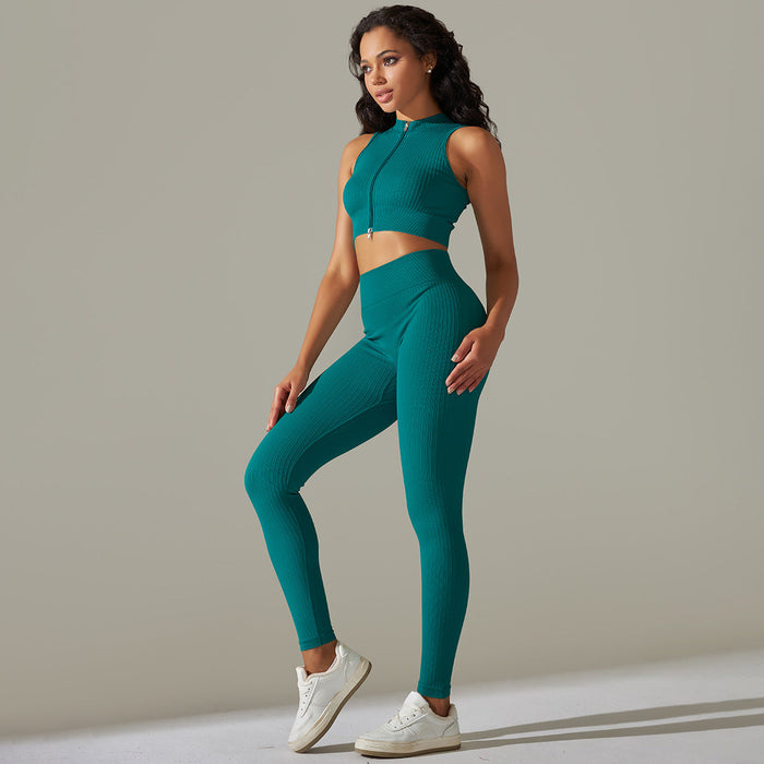 Color-Dark Green-Seamless Knitted Zipper Thread Sexy Sports Vest Pants Yoga Clothes Fitness Suit Women-Fancey Boutique
