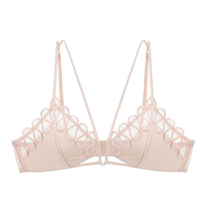 Color-Pink Single Piece in Skin Color-French Mesh Embroidered Underwear Women Thin Section Without Steel Ring Triangle Cup Sexy Bra Set Bralette-Fancey Boutique