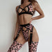 Color-Lingerie Cross Product Pink Leopard Print Mesh Dew Sexy Uniform Four Piece Set Steel Ring Wire-Fancey Boutique