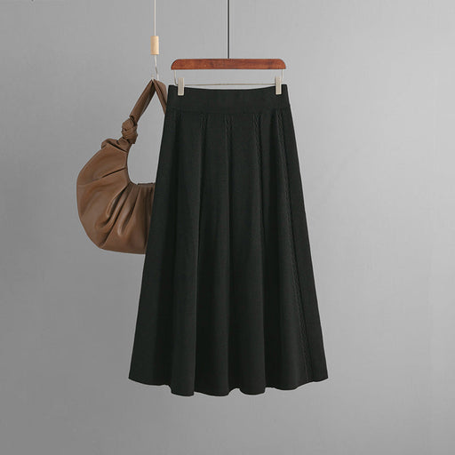 Color-Black-Mid Length Autumn Winter Draping Effect A line Khaki Knitted Skirt Women Winter Sweater-Fancey Boutique