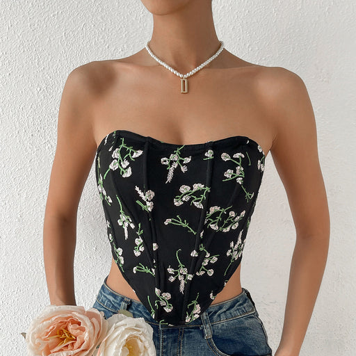 Color-Black-Sexy Lace Embroidery Floral Bow Tie Lace-up Tube Top Boning Corset Vest-Fancey Boutique