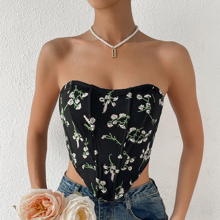 Color-Black-Sexy Lace Embroidery Floral Bow Tie Lace-up Tube Top Boning Corset Vest-Fancey Boutique