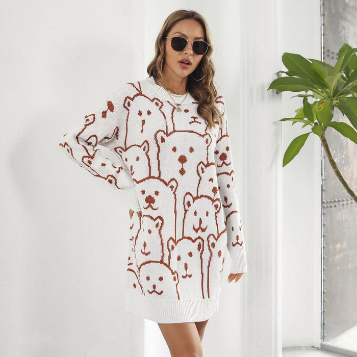 Color-White-Cute Bear Jacquard Long Sleeve Sweater Dress Women Knitted Dress Loose Autumn Winter Women Clothing-Fancey Boutique