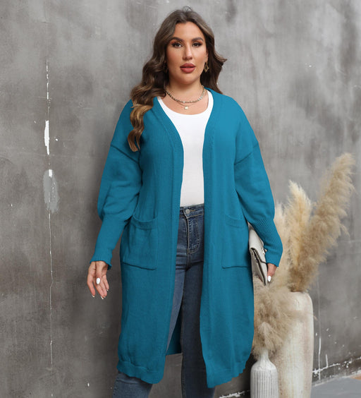 Color-Women Coat plus Size Women Clothes Loose Mid Length Woven Sweater Double Pocket Lantern Sleeve Sweater Cardigan-Fancey Boutique