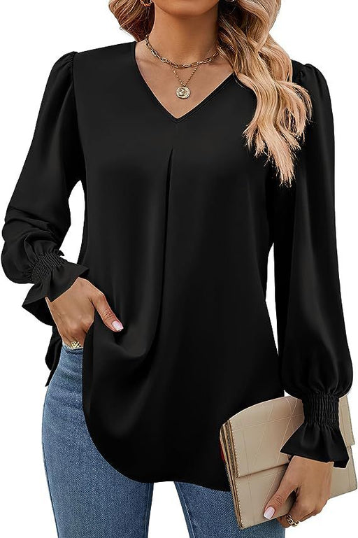 Color-Black-Women Clothing Autumn Winter Solid Color Chiffon Shirt V Neck Pullover Horn Long Sleeve Top Shirt-Fancey Boutique