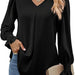 Color-Black-Women Clothing Autumn Winter Solid Color Chiffon Shirt V Neck Pullover Horn Long Sleeve Top Shirt-Fancey Boutique