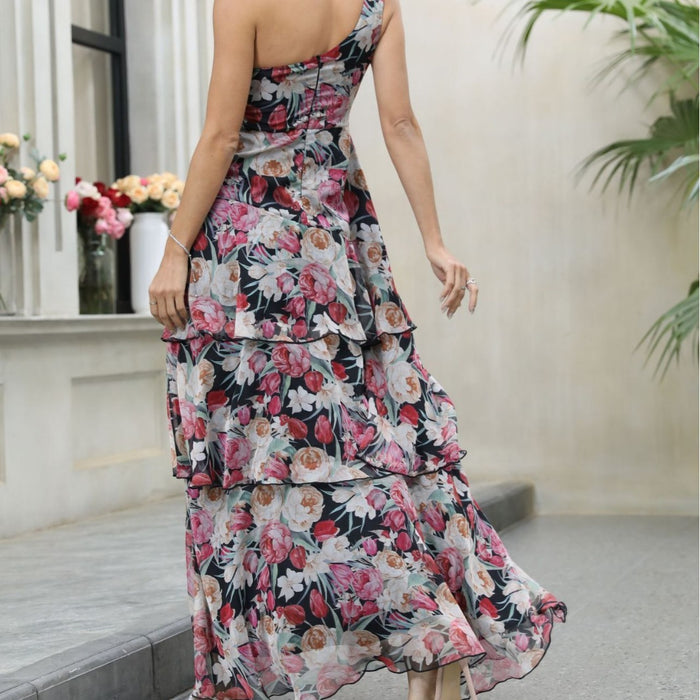 Color-Sweet Sexy Oblique Shoulder Strapless Dress High End Floral Romantic High Slit Sexy Slimming Beam Waist Dress-Fancey Boutique