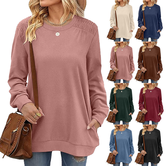 Color-Autumn Winter Solid Color round Neck Loose Casual Long Sleeve T shirt Top for Women-Fancey Boutique