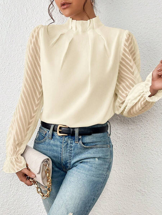 Color-Ivory-Women Clothing Autumn Winter Half Turtleneck Stitching Wave Pattern Chiffon Long Sleeve Top Women-Fancey Boutique