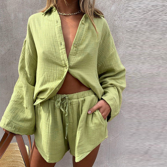 Color-Women Clothing Loose Long Sleeve Shirt Casual Shorts Two-Piece Suit-Fancey Boutique