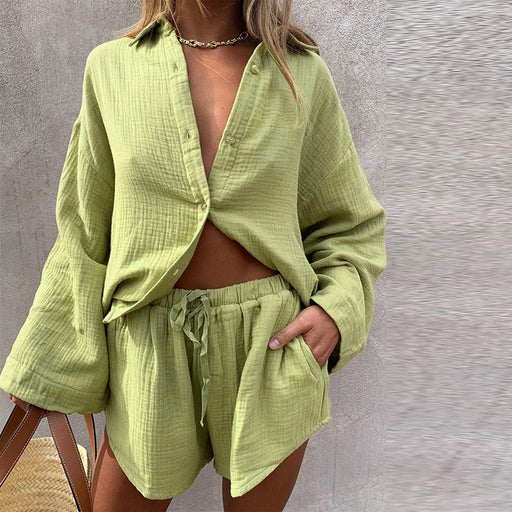 Color-Light Green-Women Clothing Loose Long Sleeve Shirt Casual Shorts Two-Piece Suit-Fancey Boutique