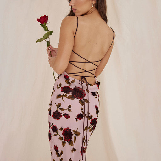 Color-Sexy Strap Backless Rose Printed Dress Vacation Slim Fit Lace up Sexy Dress-Fancey Boutique